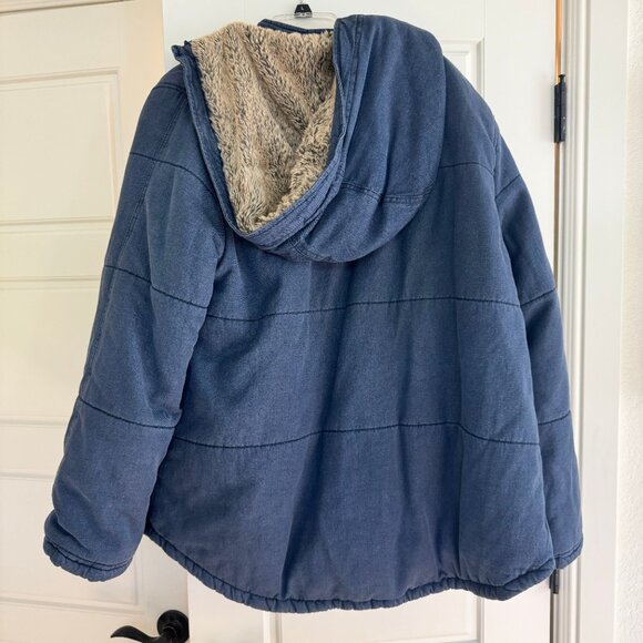 Free People Quilted Denim Jacket Sherpa Lined Hooded Coat Blue Zip-Up Size L - Picture 8 of 9